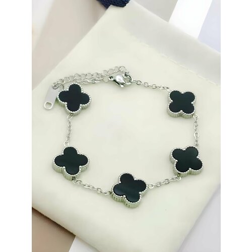 фото Браслет-цепочка royal jasmine клевер, искусственный камень, 1 шт., размер 24 см, размер one size, черный, серебряный