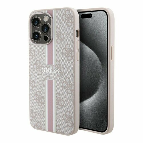 Guess для iPhone 15 Pro чехол из кожи PU с принтом 4G Stripes, розовый (MagSafe)