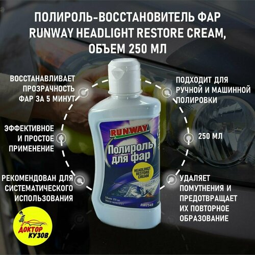 Полироль для фар/ полироль-восстановитель фар RUNWAY HEADLIGHT RESTORE CREAM, 250 мл