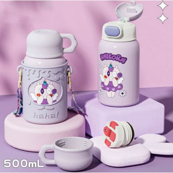 фото Термос, 500 мл, Детский "Единорог", с кружкой, два вида крышек, сохраняет тепло до 8 ч