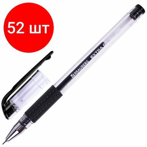 Комплект 52 шт, Ручка гелевая с грипом BRAUBERG EXTRA GT NEEDLE, черная, игольчатый узел 0.5 мм, линия 0.35 мм, 143918