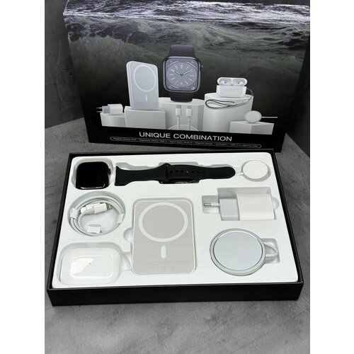 Подарочный набор DT100 Смарт часы 6 в 1 Совместим с iOS и Android Смарт часы Внешний АКБ Адаптер 20W AirPods БЗУ MagSafe Кабель Lightning 549900₽