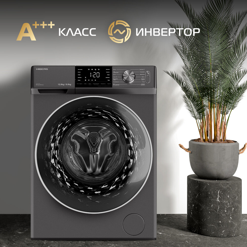 Стиральная машина с сушкой HIBERG i-DDQ6A - 12814 Sd, инвертор, прямой привод, 12 кг, темно-серый — фото 12