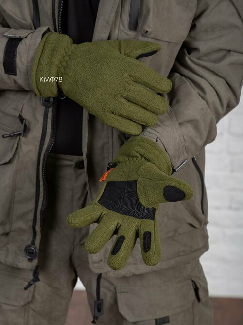Зимние флисовые усиленные перчатки с утеплителем, олива (M/L)