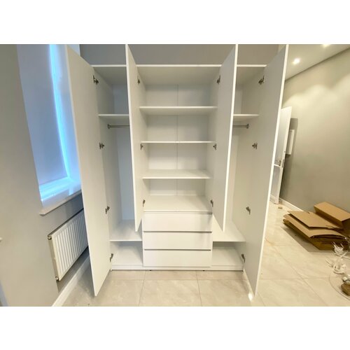 Шкаф распашной 160 х 220 х 50 см, аналог IKEA, ГОСТ, 4 двери, 3 ящика, белый