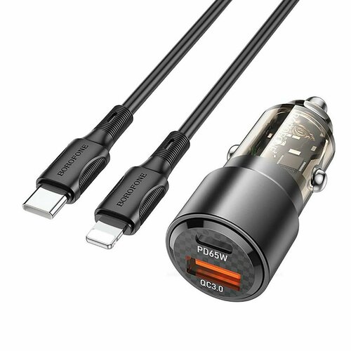 Адаптер автомобильный Borofone BZ20A, с кабелем, 83W (PD65W/QC3.0), USB/Type-C, цвет черный, 1 шт адаптер для зарядки телефона awei pd2 pd qc3 0 с кабелем type c to lightning