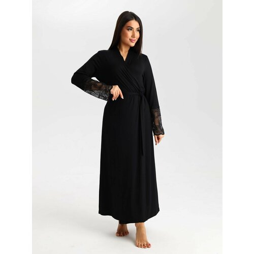 женский халат на запах с поясом арт 19 0579 черный размер 50 вискоза шарлиз рукав длинный слегка расширен к низу с кружевом Халат Dianida, размер 60-62, черный