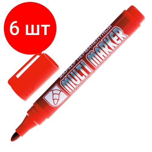 Комплект 6 штук, Маркер перманентный Crown Multi Marker 3-5 мм красный