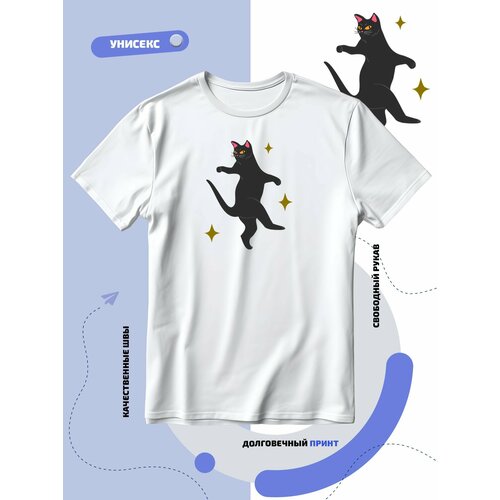 фото Футболка котик с розовыми ушами танцует став в полный рост, размер m, белый smail-p