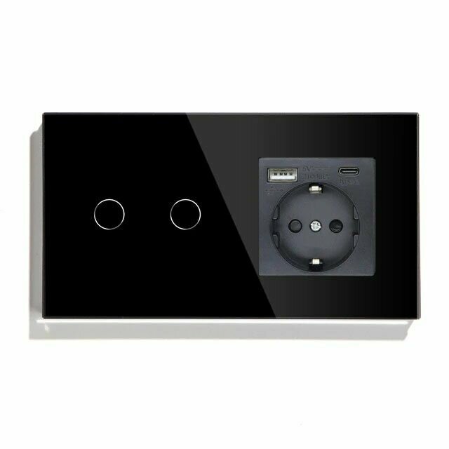 фото Сенсорный выключатель с розеткой 2 клавиши 1 розетка, 2 поста (2G+1AС), стекло 157х86мм, цвет черный