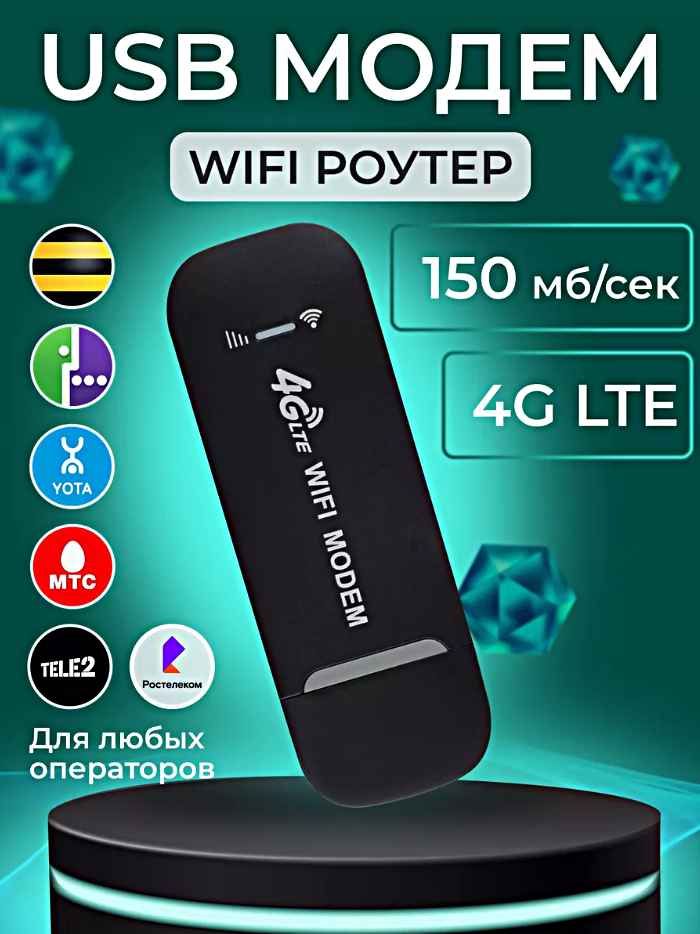 Беспроводный модем 3G 4G LTE WIFI, Портативный WIFI роутер, Скорость до 150 мб/с, Универсальный беспроводный маршрутизатор, Черный