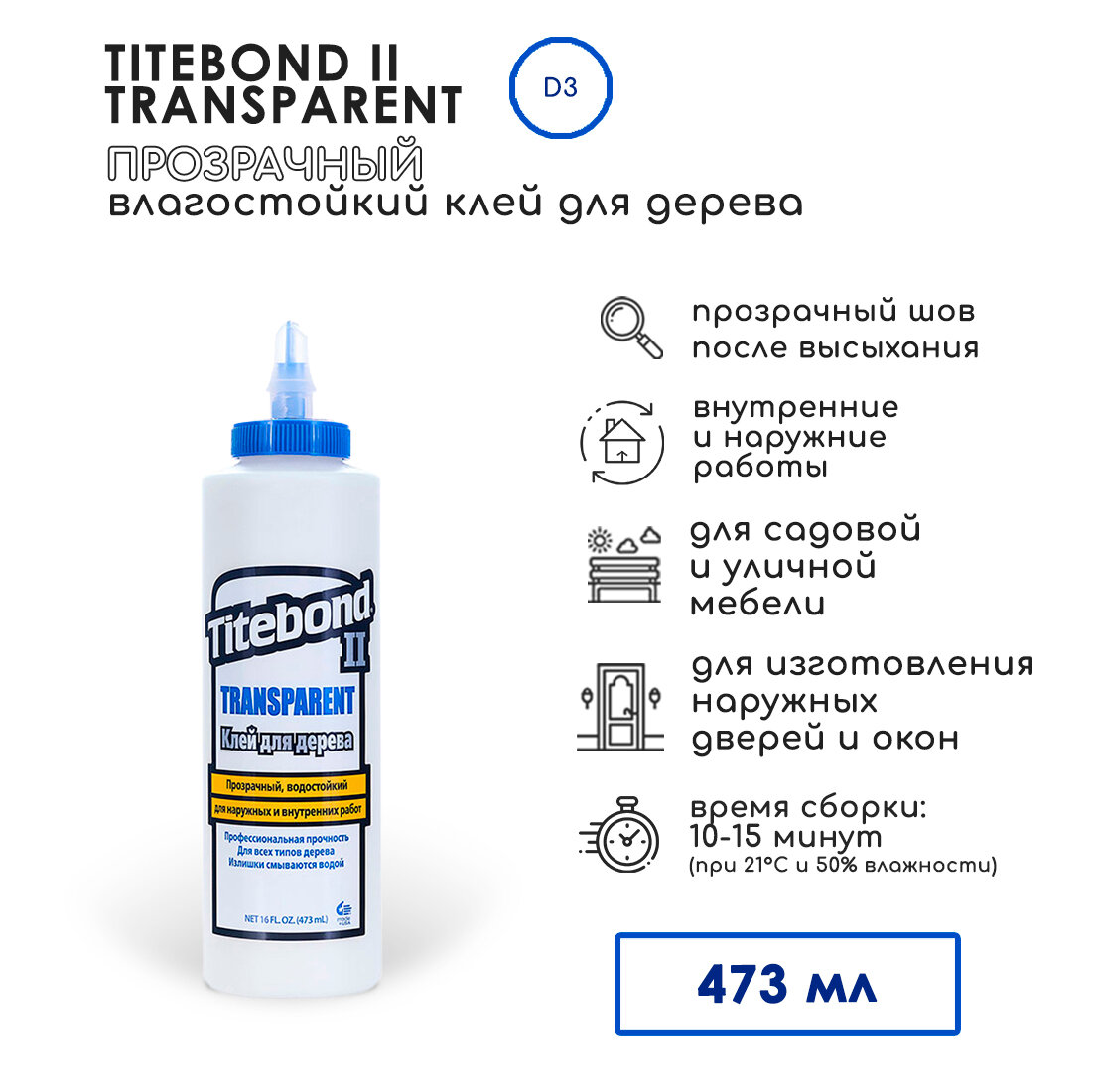 Столярный влагостойкий прозрачный ПВА клей для дерева Titebond Transparent 473 мл