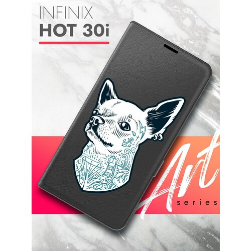 Чехол на Infinix HOT 30i (Инфиникс Хот 30и) черный книжка эко-кожа с функцией подставки и магнитами Book case, Brozo (принт) Собака с тату чехол на infinix hot 30i инфиникс хот 30и черный книжка эко кожа с функцией подставки и магнитами book case brozo принт гранатовые цветы