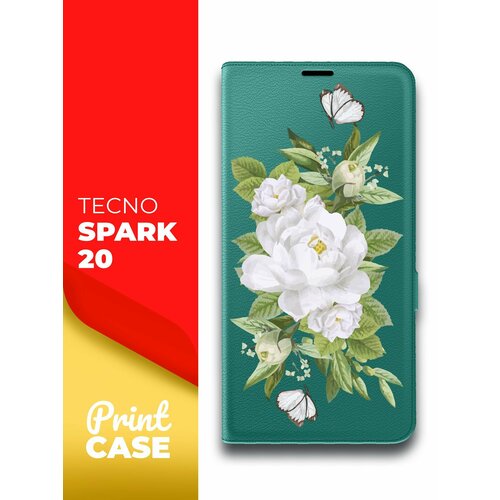 Чехол на Tecno Spark 20 (Техно Спарк 20) зеленый опал книжка эко-кожа подставка отделением для карт и магнитами Book Case, Miuko (принт) Цветы белые чехол на tecno spark 20 техно спарк 20 фиолетовый книжка эко кожа подставка отделением для карт и магнитами book case miuko принт бледные цветы