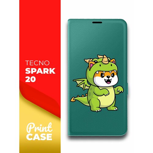 Чехол на Tecno Spark 20 (Техно Спарк 20) зеленый опал книжка эко-кожа подставка отделением для карт и магнитами Book Case, Miuko (принт) Котик Дракон чехол на tecno spark 20 техно спарк 20 зеленый опал книжка эко кожа подставка отделением для карт и магнитами book case miuko принт доллар тату