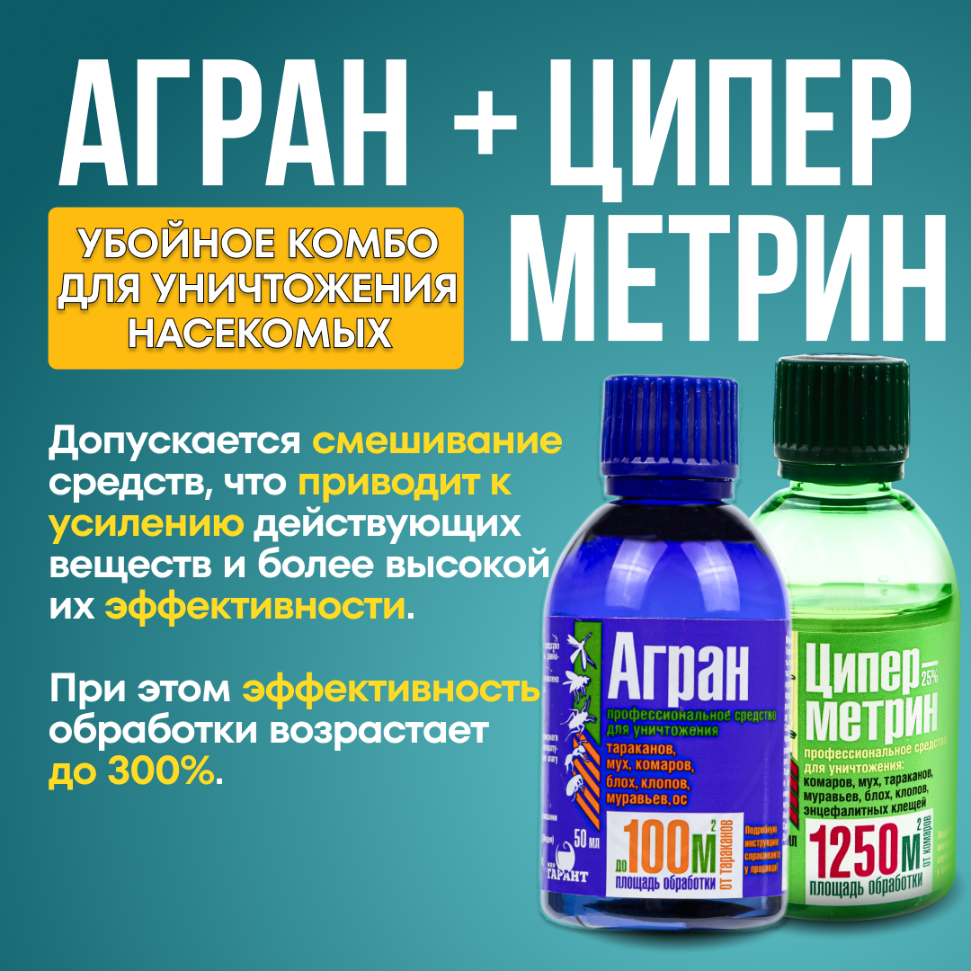 Агран + Циперметрин 25%. Набор средств от клопов, тараканов, блох, муравьев, мух, ос. Флаконы по 50 мл. — фото 1