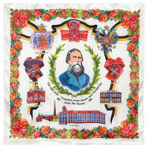 фото Платок павловопосадская платочная мануфактура,89х89 см, зеленый, оранжевый