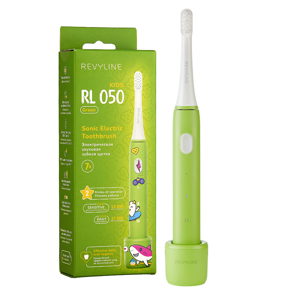 Электрическая зубная щетка Revyline Kids RL 050, зеленый, звуковая, детская
