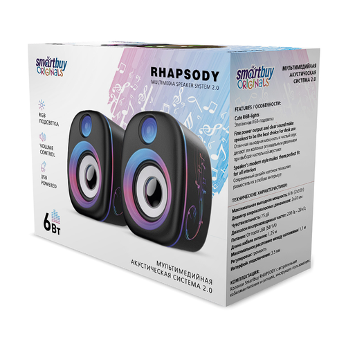 Колонки компьютерныеАкустическая система 20 SmartBuy RHAPSODY 6Вт RGB-подсветка USB SBA-4800 119000₽