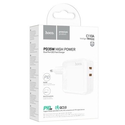 Сетевое зарядное устройство Hoco C110A 2*USB-C 35W (PD35W/QC3.0/AFC/FCP), Белый