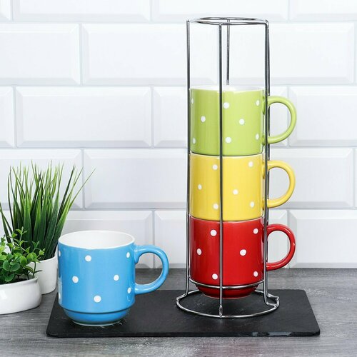 Набор кружек 4 штуки на металлической подставке Горох 1427₽