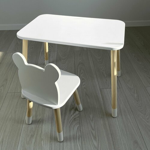 Детский стол прямоугольный белый и стул мишка белый 3489₽