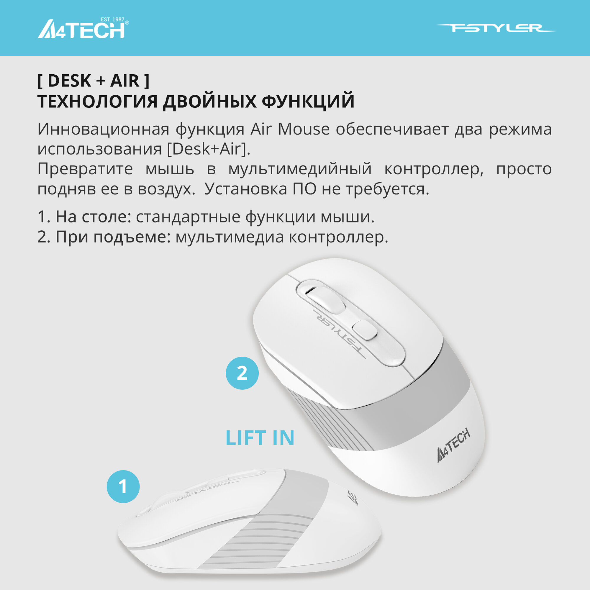 Мышь беспроводная A4Tech Fstyler FG10CS Air, 2000dpi, Wireless/USB, Белый/Серый FG10CS AIR GRAYISH WHITE - фото №18