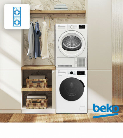 BEKO комплект для установки в колонну Стиральная машина WSPE7H616W + Сушильная машина DF7439SXUV + соединительный элемент