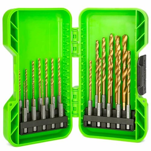 Набор сверл HSS-TiN 15-80 мм с шестигранным хвостовиком в кейсе Greenworks 22 шт 1699₽