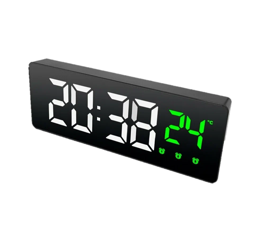 Часы электронные цифровые настольные с будильником, термометром и календарем (Космос X0715) белая / зелёная подсветка (черный корпуc)