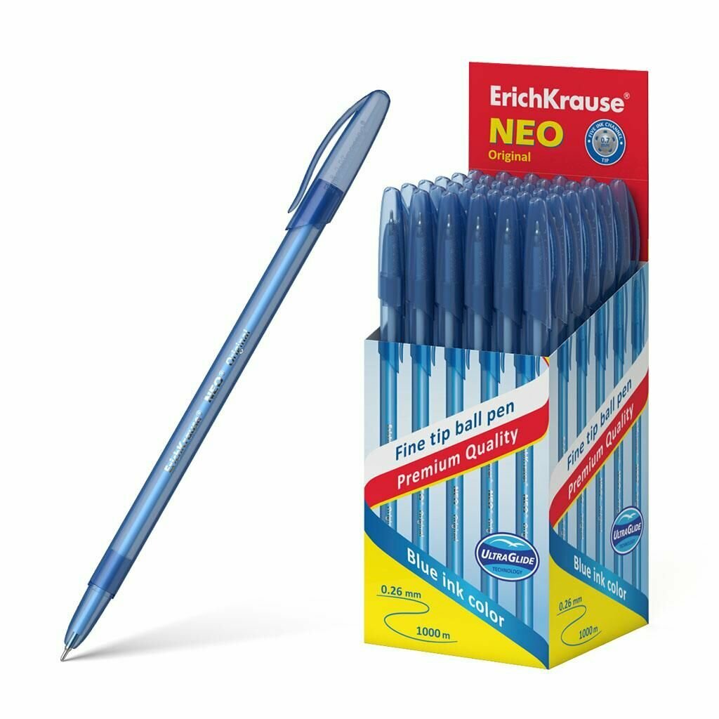 Ручка шариковая синяя ErichKrause Neo Original 0, 7мм игла (тонированный матовый синий корпус), 10 штук