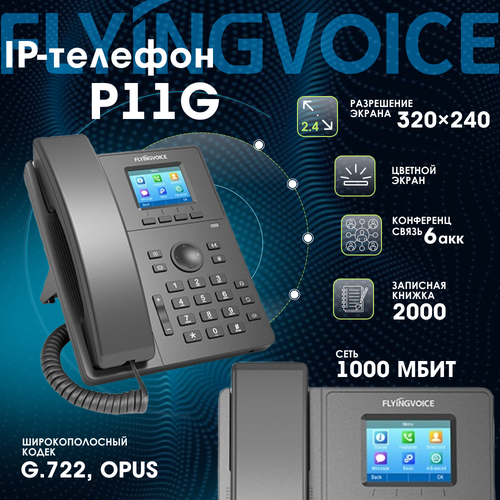 IP-телефон FLYINGVOICE P11G, 2 SIP аккаунта, цветной дисплей 2,4 дюйма, 320x240, конференция на 6 абонентов, поддержка гарнитуры (RJ9), POE. ip телефон flyingvoice p23g 8 sip аккаунта цветной дисплей 2 8 дюйма 320 x 240 конференция на 6 абонентов rj9 dect usb poe 1000 mbps