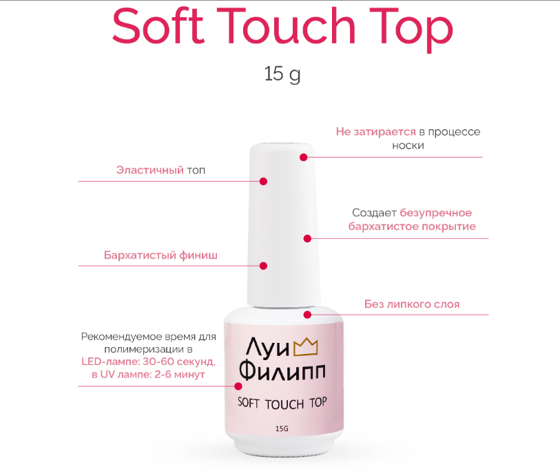 Матовый топ без липкого слоя для гель-лака Луи Филипп Soft Touch Top, 15 г