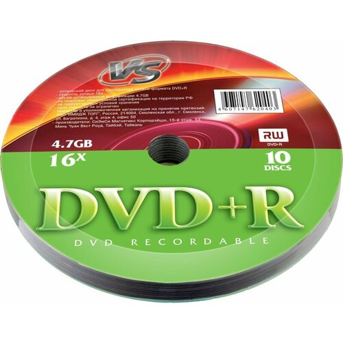 vs диск dvd r диски 4 7gb 16x cake box 10шт 20410 Диски VS DVD+R 4,7 GB 16x Shrink/10 (620403)