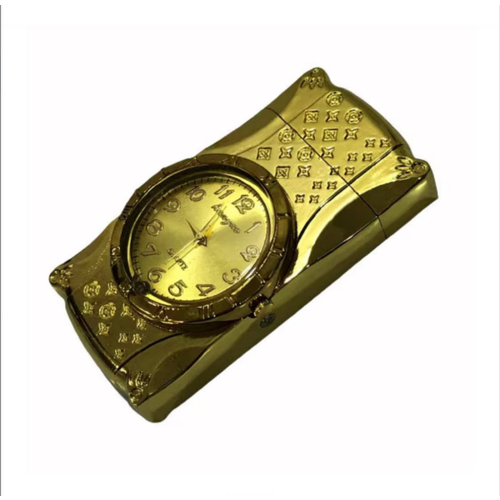 Газовая турбо-зажигалка с часами подарочная, золотая газовая турбо зажигалка с часами подарочная металл