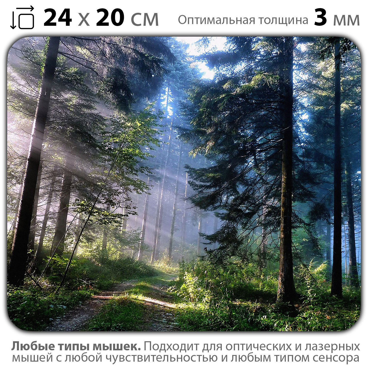 Коврик для мыши "Утро в чудесном лесу с красивыми лучами солнца" (24 x 20 см x 3 мм)