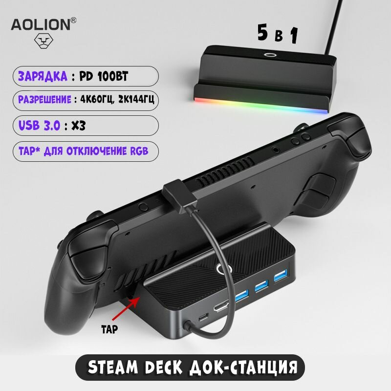 Док-станция подставка с RGB подсветкой для Steam Deck зарядка 5 в 1 4К60ГЦ+USB 3.0 без переключения активного экрана