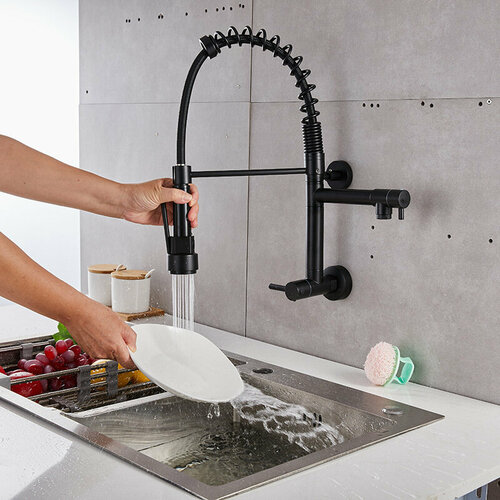 Настенный смеситель для раковины ther пружинный с гибким изливом черный 6056₽