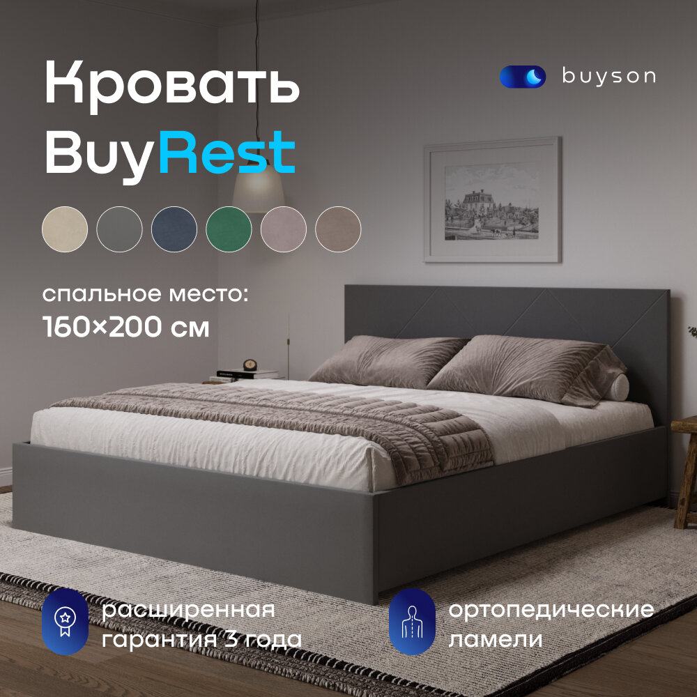 Двуспальная кровать buyson BuyRest 200х160, темно-серая, микровелюр