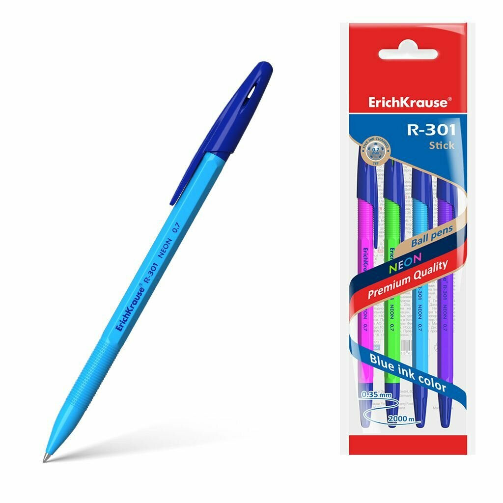 Набор из 4 ручек шариковых ErichKrause R-301 Stick Neon 0.7, цвет чернил синий (в пакете)