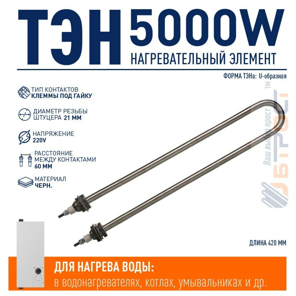 ТЭН для нагрева воды 5кВт L420мм 42A13/5,0 P 220 Ф2, нержавейка, 05.502