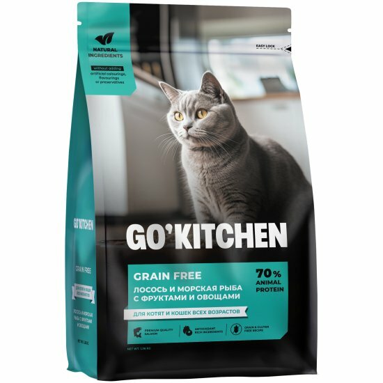 Корм сухой Go'kitchen полнорационный беззерновой для котят и кошек всех возрастов с лососем и морской рыбой, 1,36 кг