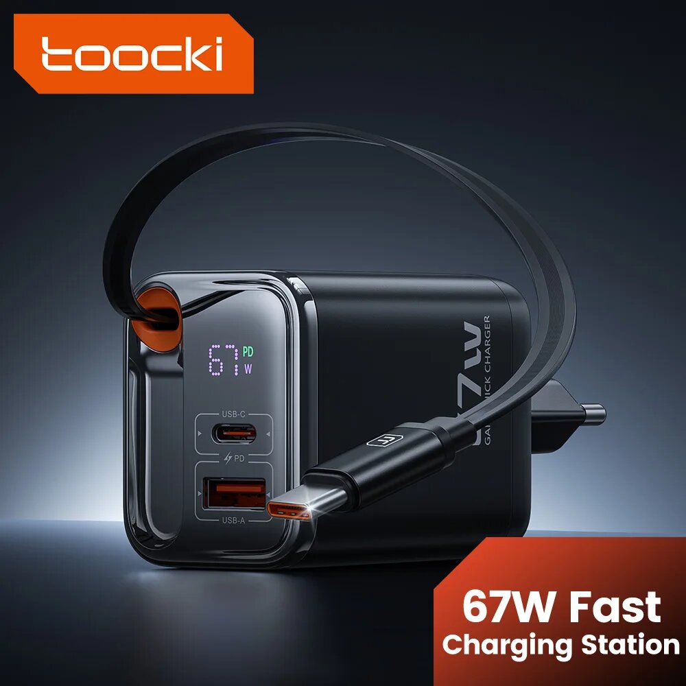 Зарядное устройство Toocki GaN USB C 67 Вт с выдвижным кабелем типа C PPS PD3.0 SFC2.0 Быстрое зарядное устройство для ноутбука iPhone 16 15 Samsung S25 S24, EU Black Display — фото 1