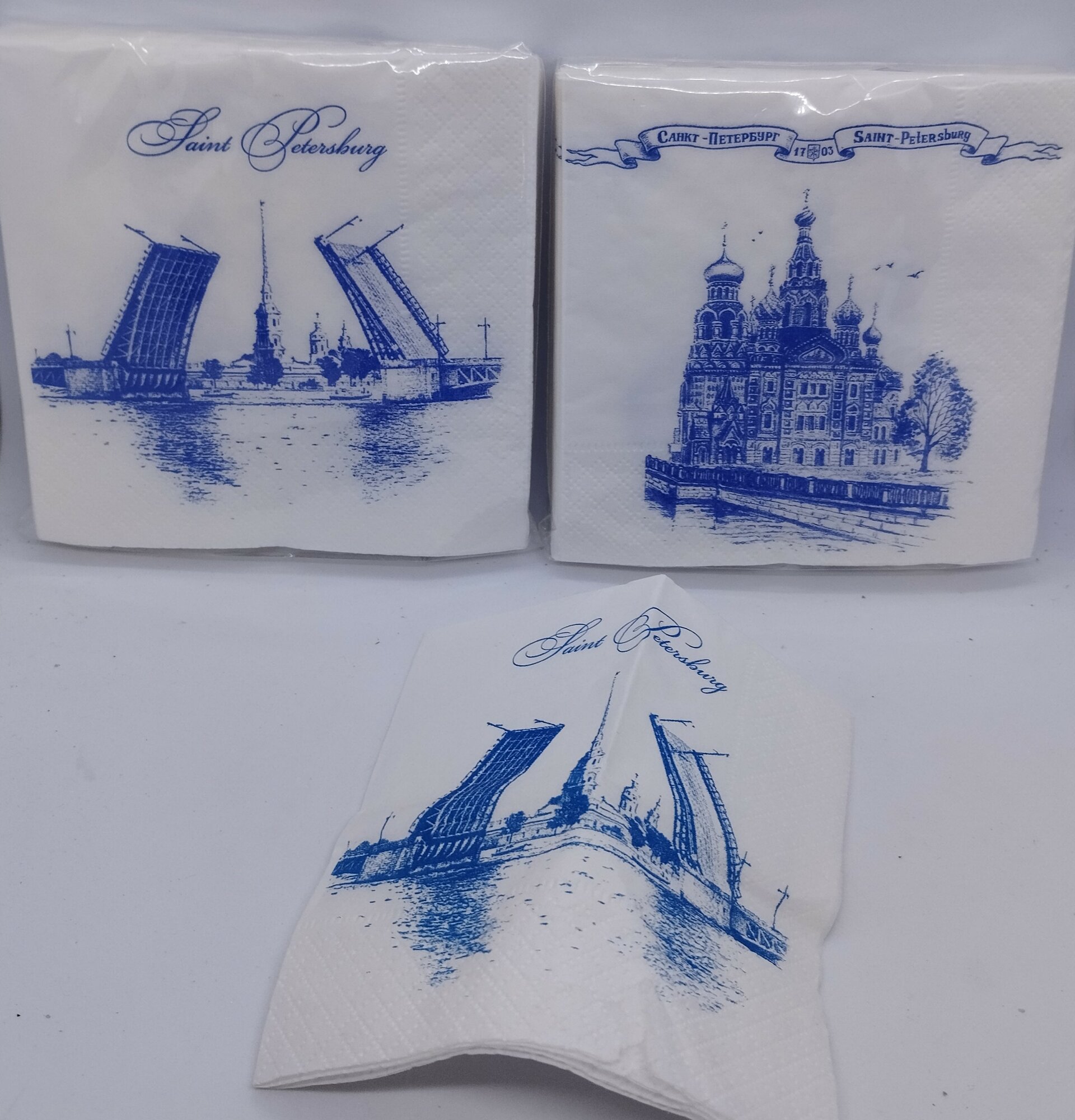 Набор из двух пачек сувенирных салфеток, " Мосты , Спас", гжель, графика