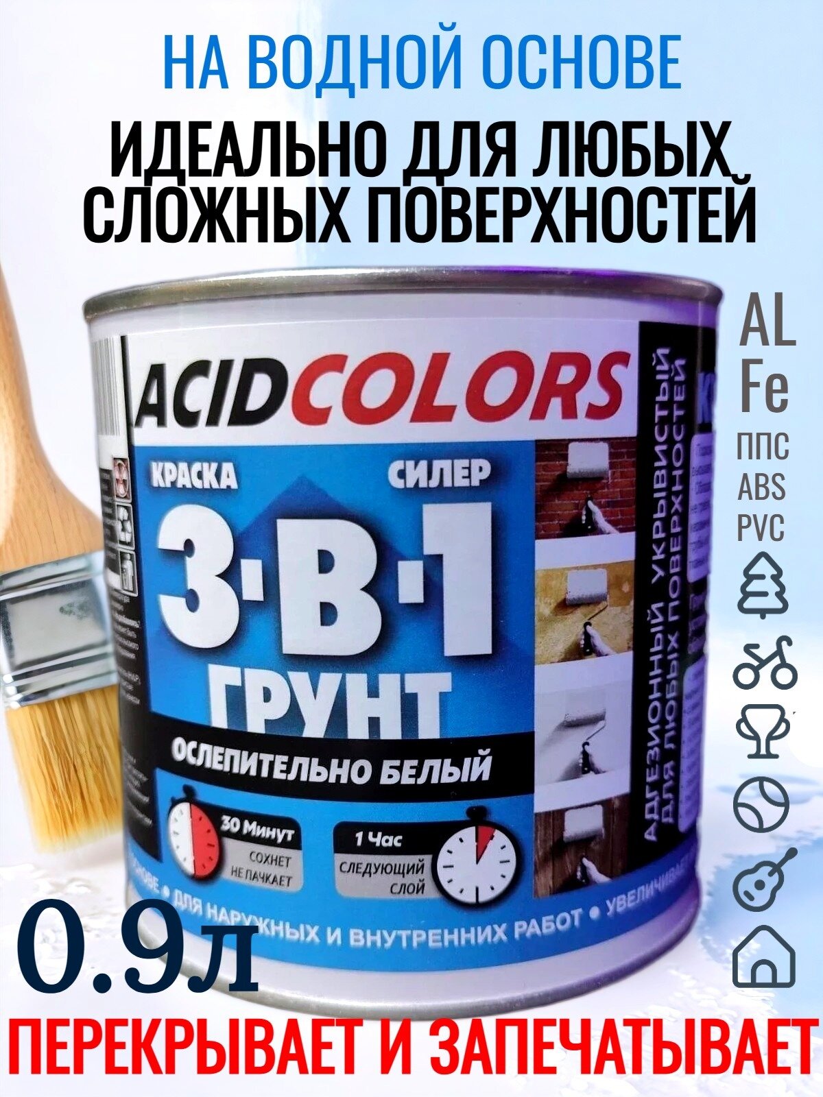 Грунт-краска силер 3 в 1 AcidColors, 0,9л, белая, защита от коррозии