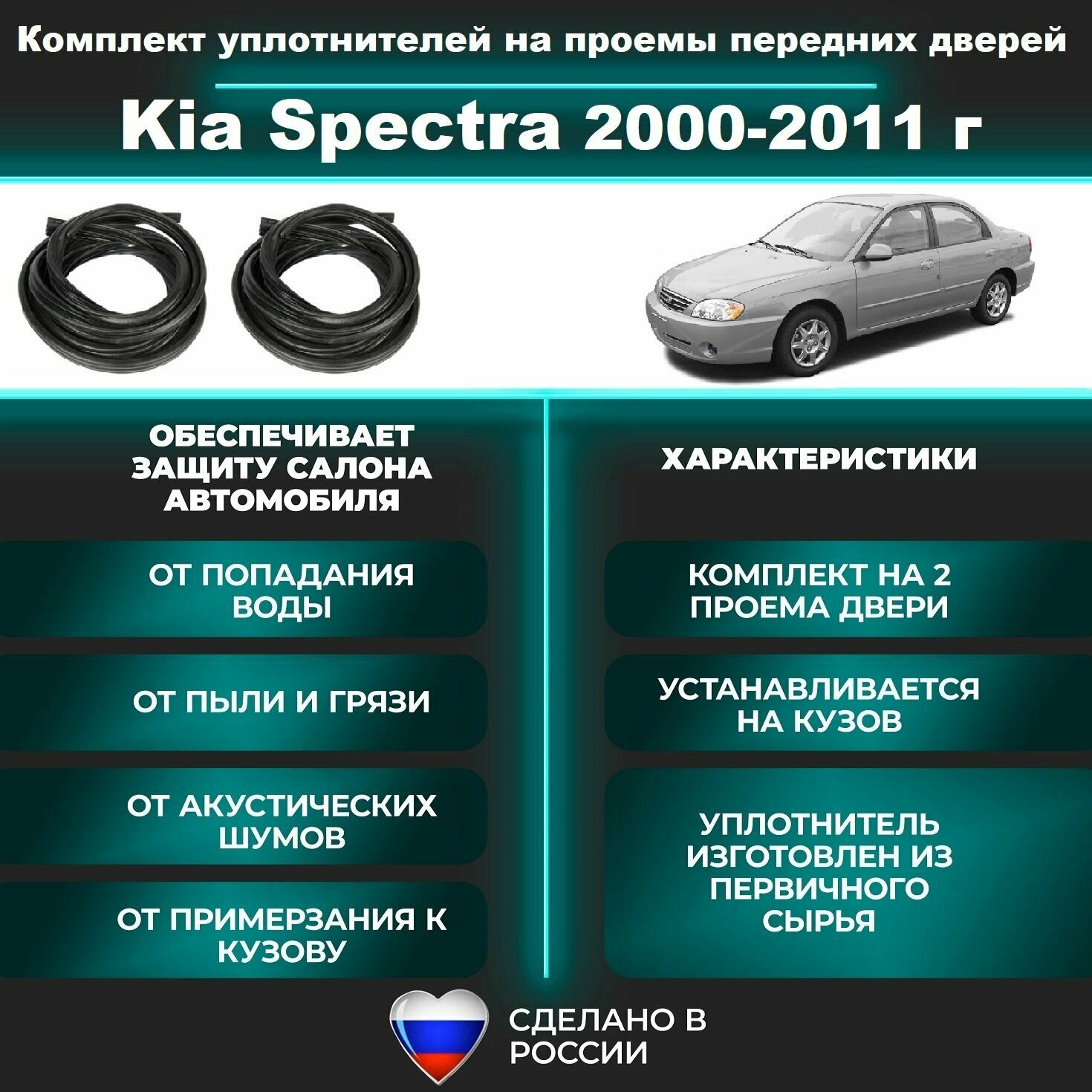 Комплект уплотнителей проемов передних дверей, подходит на Kia Spectra 2000-2011 г, Киа Спектра 2 шт