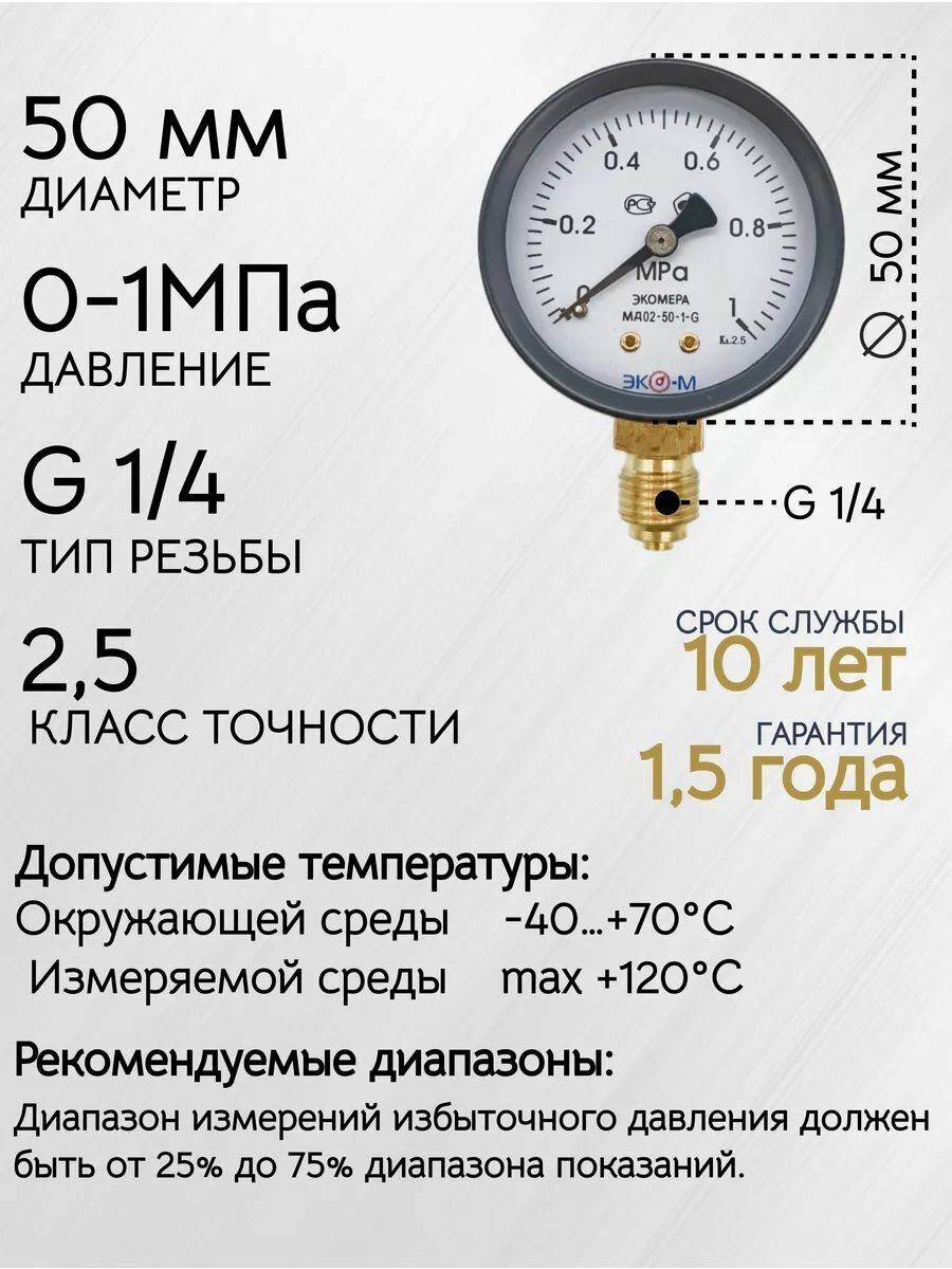 Манометр Экомера МД02-50мм 0.1МПа G1/4 — фото 1