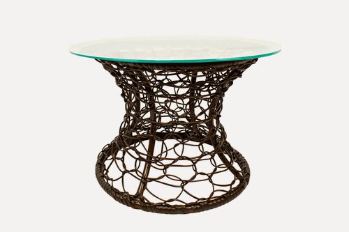 Изображение товара Журнальный садовый столик Бонго классика, мини со стеклом, коричневый, диаметр 0,40 м.