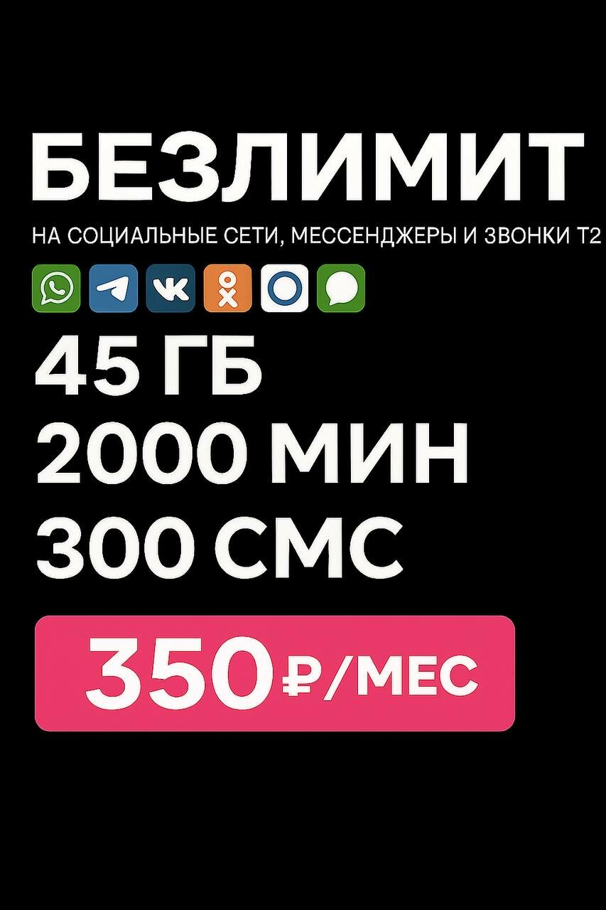 SIM-карта Tele2 — 45 ГБ интернета, 2000 минут, 100 СМС | тариф за 350 рублей | для всех устройств
