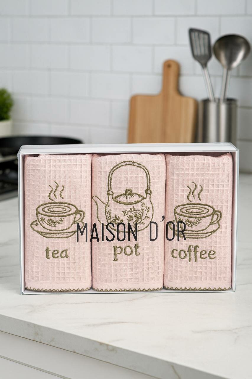 Кухонные вафельные полотенца Maison D’or — идеальный выбор для дома. Набор мягких хлопковых полотенец с вышивкой tea / pot / coffee